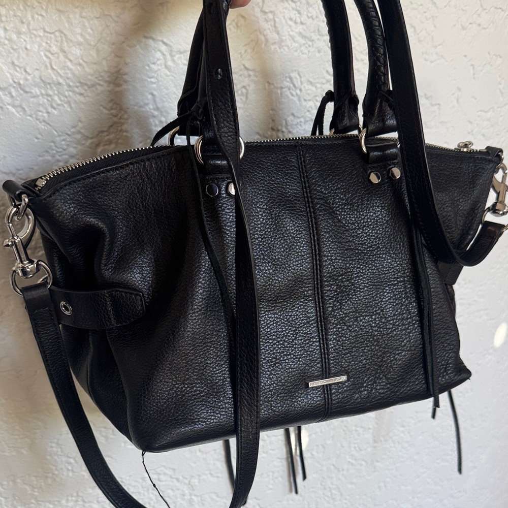 Rebecca Minkoff Black Large Pebbled Moto Leather Satchel Crossbody Silver Zipper - Picture 8 of 12